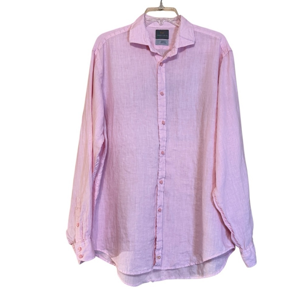 Thomas Dean Men’s Pink Linen Button Down Shirt Long Sleeve Size L